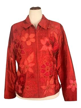 VTG 1980's Anage Red 100% Silk Zip Up Blazer Jacket Floral Embroidery Medium